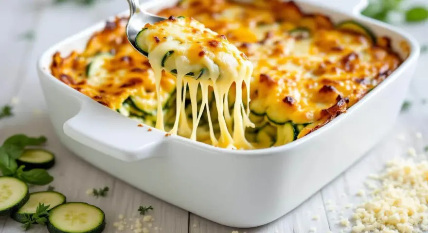 Une cuillère soulève un gratin de courgettes fondant, le fromage filant promet un délice.