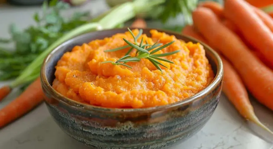 Un bol de purée de carotte onctueuse, garni d'une branche de romarin, avec des carottes fraîches en arrière-plan.