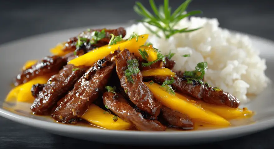 Délicieuses aiguillettes de canard laquées, servies avec des lamelles de mangue et du riz blanc, garnies d'herbes fraîches.
