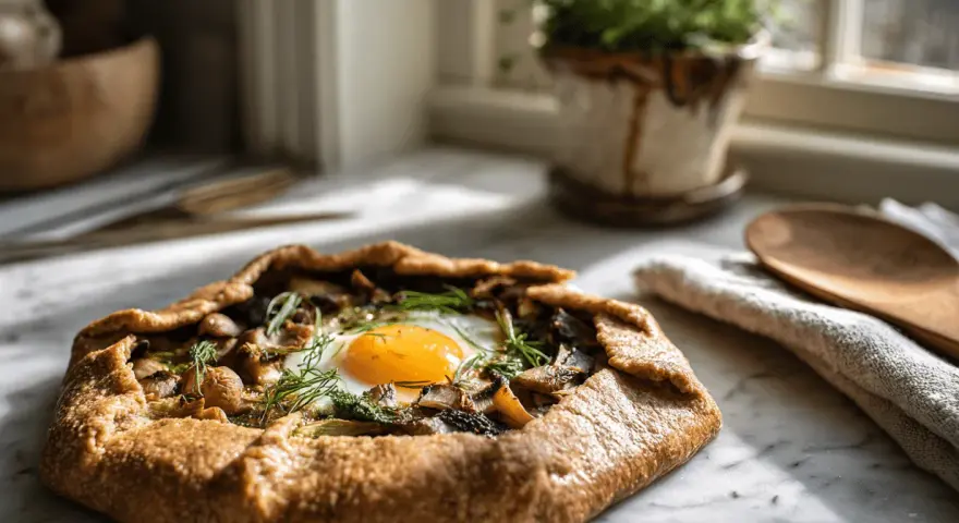 Galette de sarrasin aux champignons et œuf, garnie d'herbes. Une belle recette pour comprendre pourquoi les galettes de sarrasin se cassent.