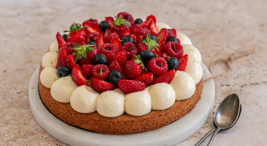 Un délicieux gâteau aux fraises, garni de framboises, myrtilles et crème vanillée. Parfait pour une occasion spéciale.