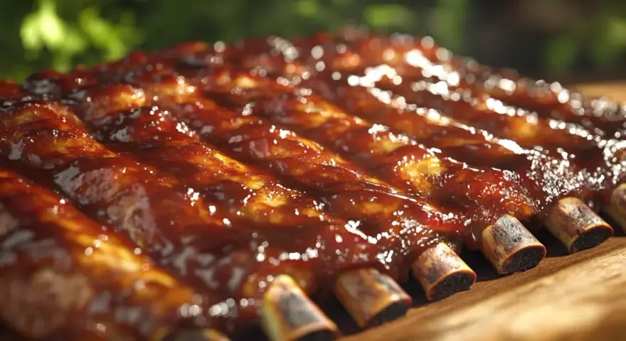 Des travers de porc généreusement nappés d'une sauce barbecue brillante, prêts à être dégustés.