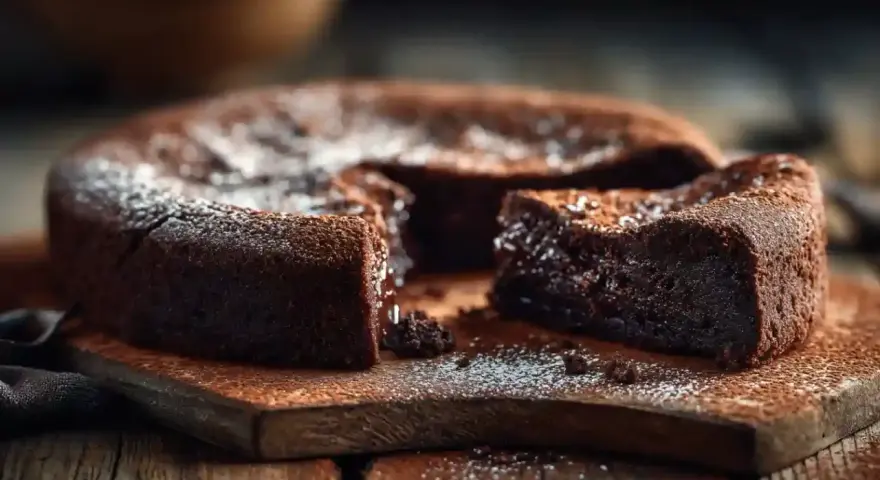 Un délicieux gâteau chocolat, saupoudré de sucre glace, est coupé sur une planche en bois rustique.