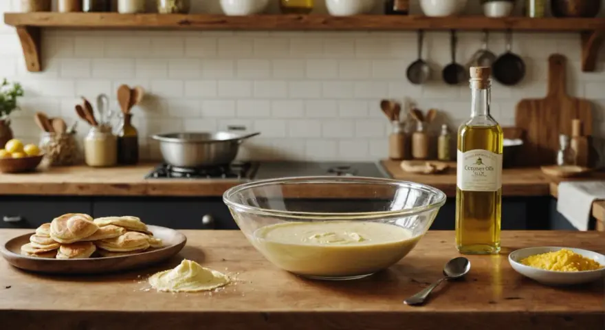 Préparation de crêpes : pâte dans un bol, pile de crêpes, et une bouteille d'huile d'olive. Quelle huile pour les crêpes ? L'huile d'olive est une option.