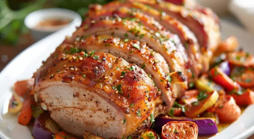 Rôti de porc Cookeo, tranché et servi avec des légumes rôtis colorés. Un plat savoureux et appétissant.