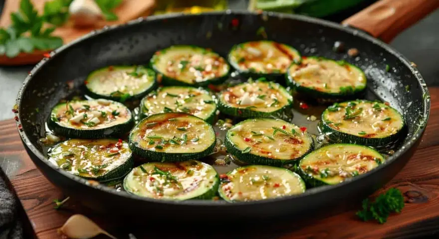 Tranches de courgettes dorées à la poêle, parsemées d'herbes et d'épices. Une délicieuse recette de courgette à la poêle prête à être dégustée.