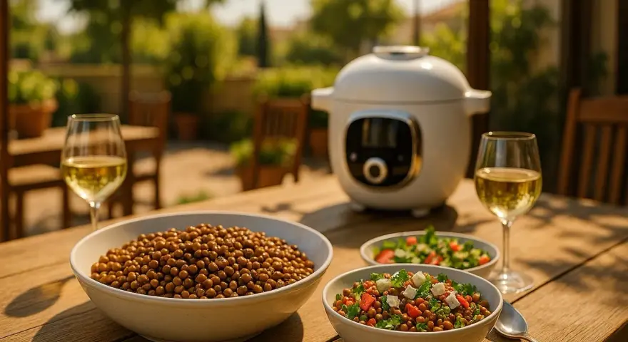 Lentilles vertes prêtes à être dégustées, préparées avec une mijoteuse. Un repas ensoleillé avec du vin blanc.