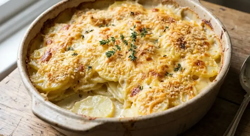 Un gratin de pommes de terre crémeux et doré, garni de thym frais, prêt à être dégusté.