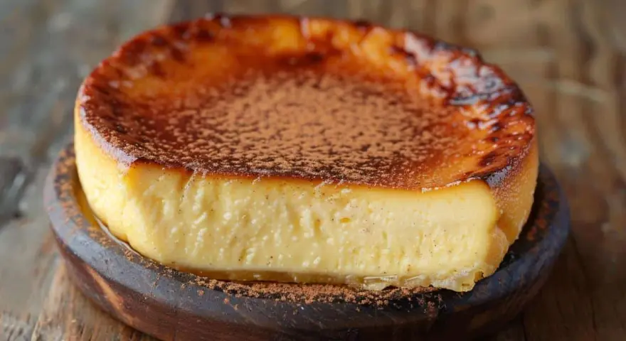 Un délicieux flan patissier sans pâte, à la texture crémeuse et au dessus caramélisé, saupoudré de cacao.