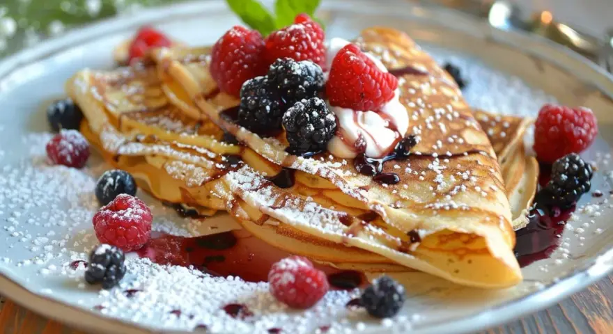 Délicieuses crêpes garnies de fruits rouges et de chantilly. Parfaites pour remplacer les œufs dans vos recettes de crêpes !