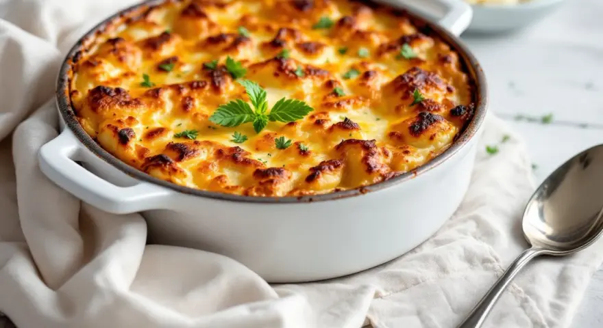 Un gratin de légumes doré et gratiné, garni de persil frais, prêt à être dégusté.