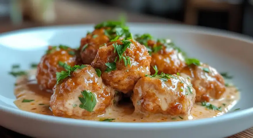 Boulettes de viande savoureuses baignant dans une sauce crémeuse, garnies de persil frais. Un plat réconfortant prêt à être dégusté.