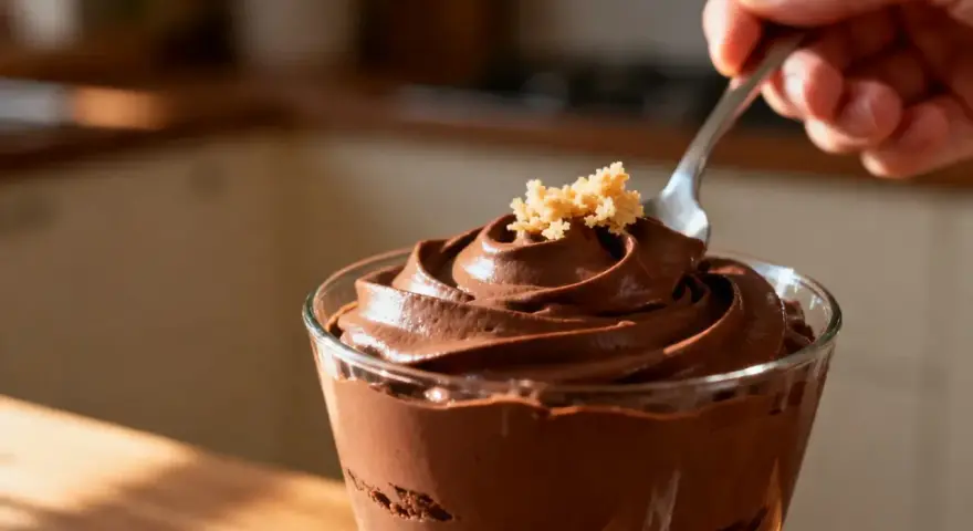 Une cuillère plonge dans une délicieuse mousse au chocolat au lait, garnie de miettes dorées.