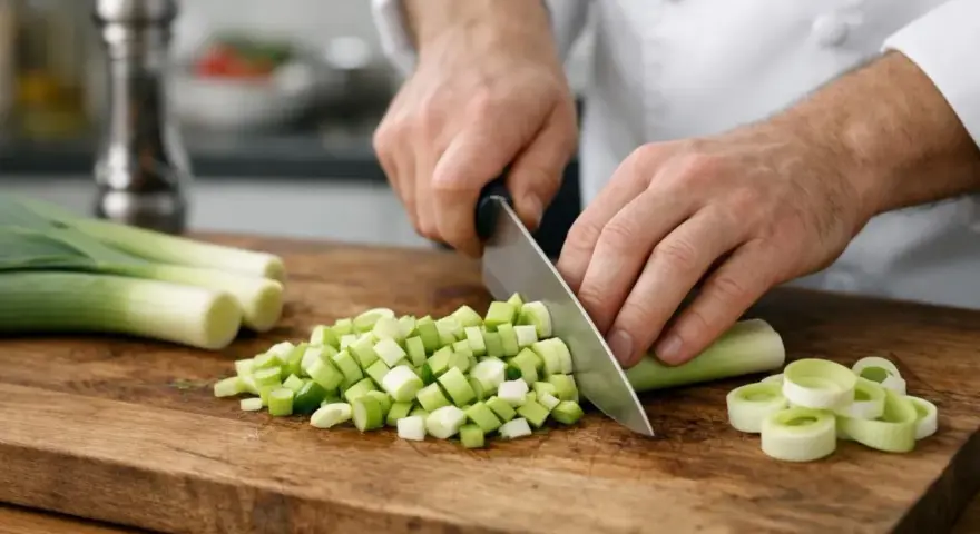 Préparation d'une recette poireaux : un chef coupe des poireaux en dés sur une planche en bois.