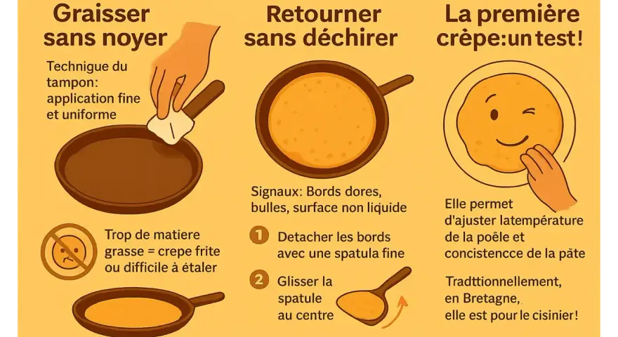 La première crêpe est un test pour ajuster la température. Une crêpe qui colle et se casse peut indiquer trop de matière grasse.