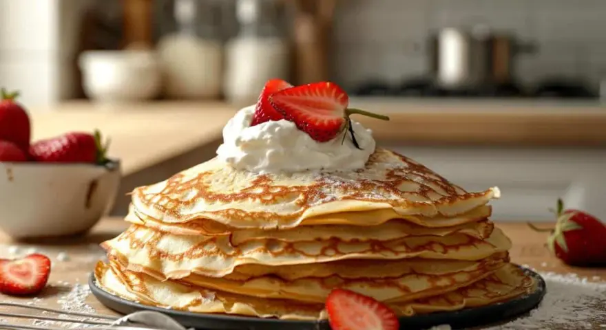 Pile de crêpes dorées, garnie de chantilly et fraises. Parfait pour une recette crêpe avec repos.