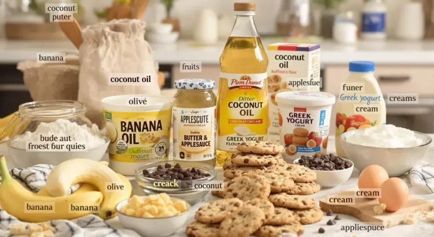 Ingrédients pour remplacer le beurre dans les cookies : huile de coco, yaourt grec, compote de pommes, banane.