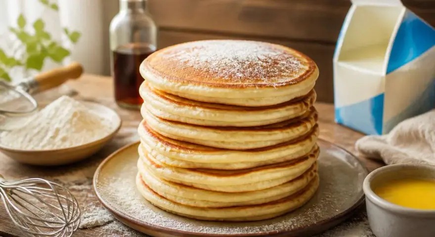 Pile de pancakes salés dorés, saupoudrés de sucre glace, avec des ingrédients de cuisine en arrière-plan.