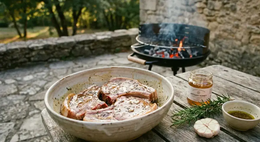 Côtelettes de porc dans une marinade savoureuse, prêtes pour le barbecue. Miel artisanal, romarin et ail complètent la scène.