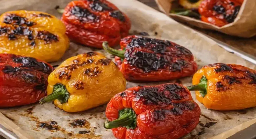 Poivrons rouges, jaunes et oranges grillés au four, sur une plaque recouverte de papier cuisson. Les marques de grill sont bien visibles.