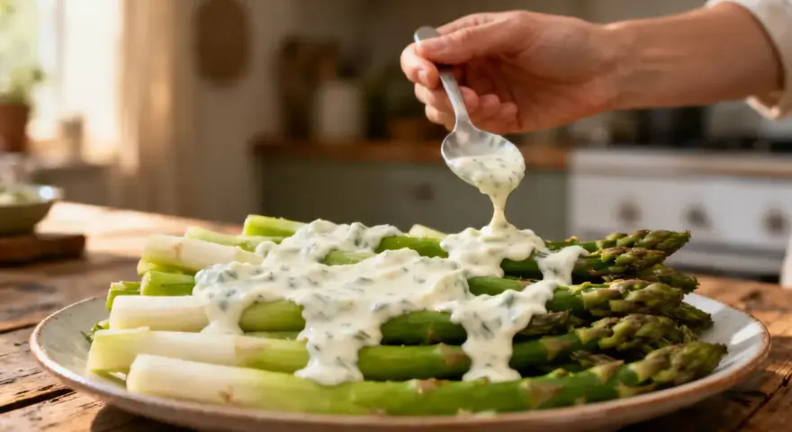 Une main verse une sauce légère pour asperges sur un plat d'asperges vertes et blanches.