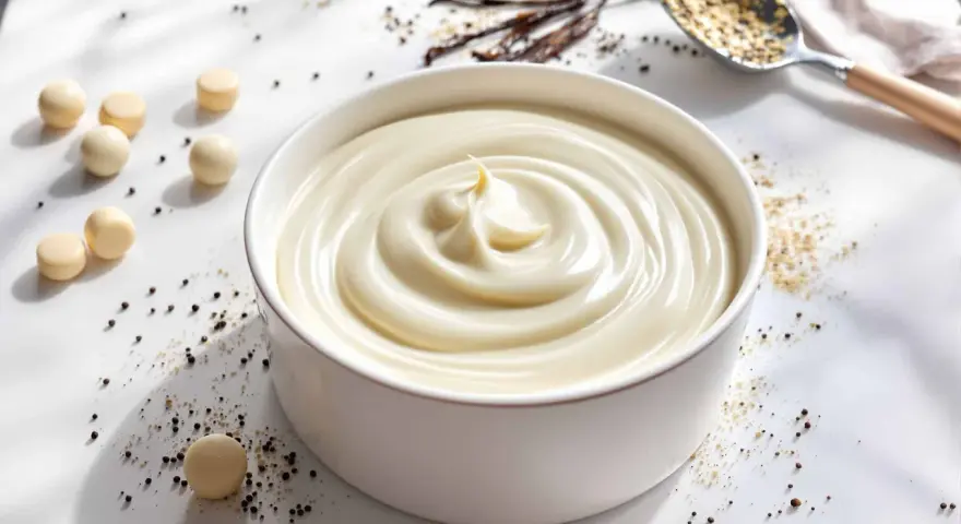 Un bol de ganache vanille onctueuse, parsemé de grains de poivre et de quelques billes de chocolat blanc. Des gousses de vanille et une cuillère de graines complètent la scène.