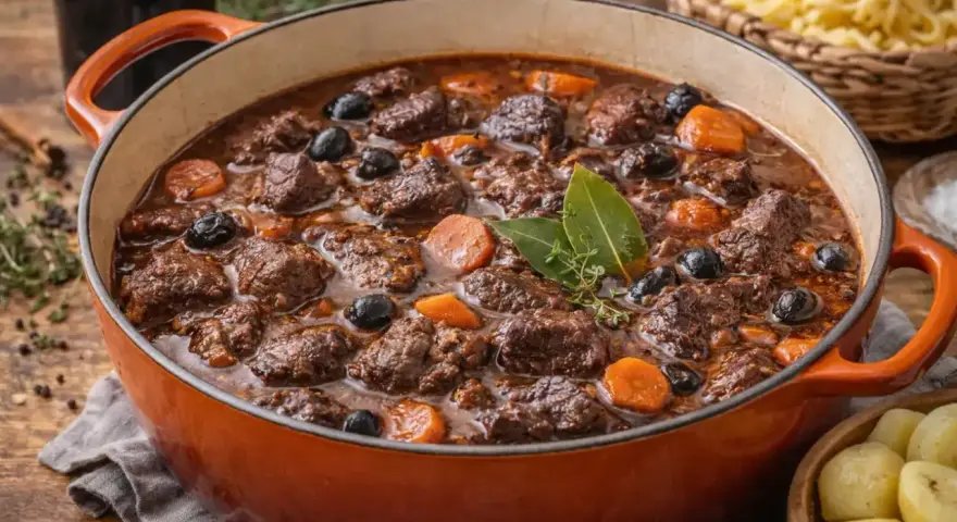 Un plat mijoté de daube de boeuf, avec des carottes, des olives et des herbes, prêt à être dégusté.