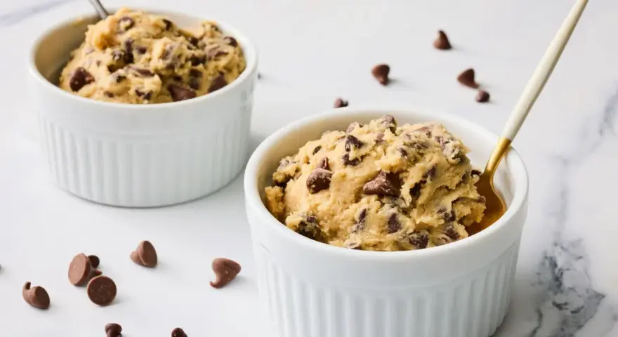 Deux ramequins blancs remplis de pâte à cookie aux pépites de chocolat, prêts à être dégustés.