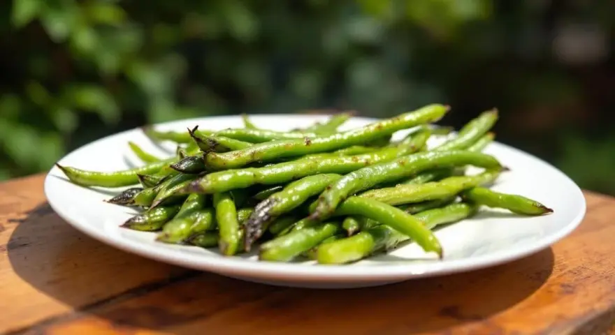 Une assiette de haricots verts grillés, une portion parfaite par personne pour un repas sain et savoureux en extérieur.