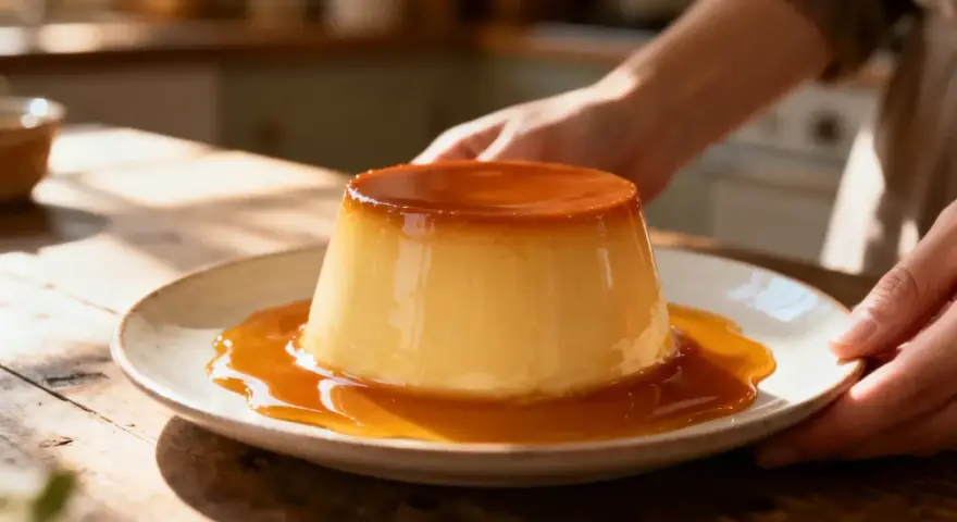 Un flan onctueux baignant dans un délicieux caramel liquide, prêt à être dégusté.