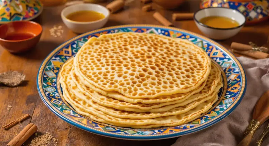 Pile de crêpes aux alvéoles parfaites, une merveille qui répond à la question : pourquoi ma pâte à crêpe fait des trous. Servies avec du miel.