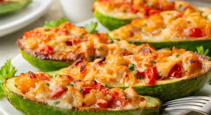 Courgettes farcies appétissantes, garnies de fromage fondant et de légumes colorés, prêtes à être dégustées.
