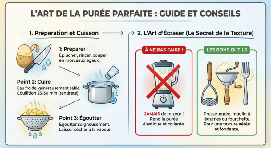 Guide pour une purée maison parfaite : préparation, cuisson, égouttage et écrasage. Évitez le mixeur pour une texture aérée et fondante.