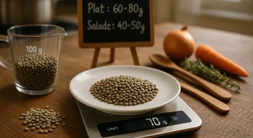 Balance de cuisine affichant 70g de lentilles. Une petite ardoise indique la quantité de lentilles par personne pour un plat ou une salade.