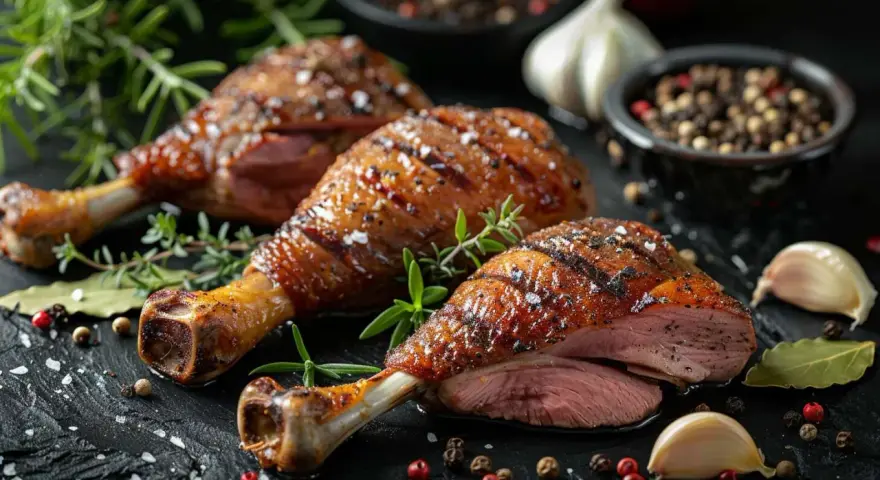 Trois cuisses de canard rôties, dorées et juteuses, garnies d'herbes fraîches, de grains de poivre et d'ail.