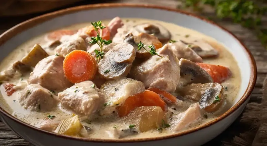 Un réconfortant blanquette de dinde avec des morceaux de dinde, des carottes et des champignons dans une sauce crémeuse, garnie de thym frais.