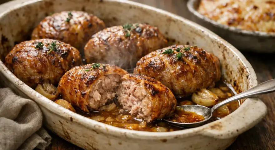 Six savoureuses crepinettes de porc dorées, servies dans un plat en terre cuite avec des oignons caramélisés et une sauce savoureuse.