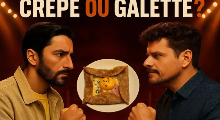 Deux hommes se font face, un œuf au plat sur une galette bretonne au centre. Le titre "Crêpe ou Galette ?" suggère un duel culinaire.
