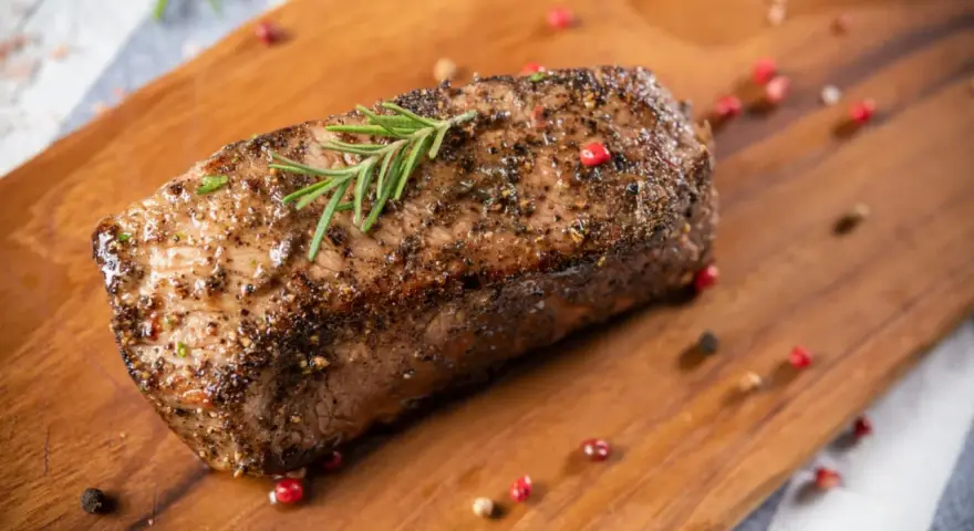 Un délicieux roti de boeuf, assaisonné et garni de romarin, repose sur une planche en bois, entouré de grains de poivre rose et noir.