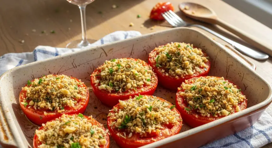 Six tomates provençales garnies d'une chapelure croustillante et d'herbes, dans un plat à gratin. Un verre de rosé et des couverts sont à proximité.