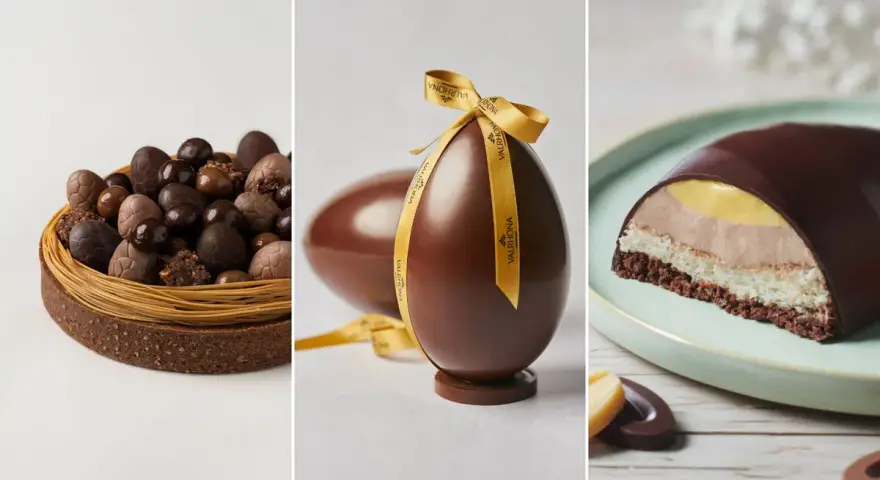 Délicieux gâteau de Pâques en chocolat : un nid rempli d'œufs, un œuf géant décoré d'un ruban, et une part de gâteau aux couches gourmandes.