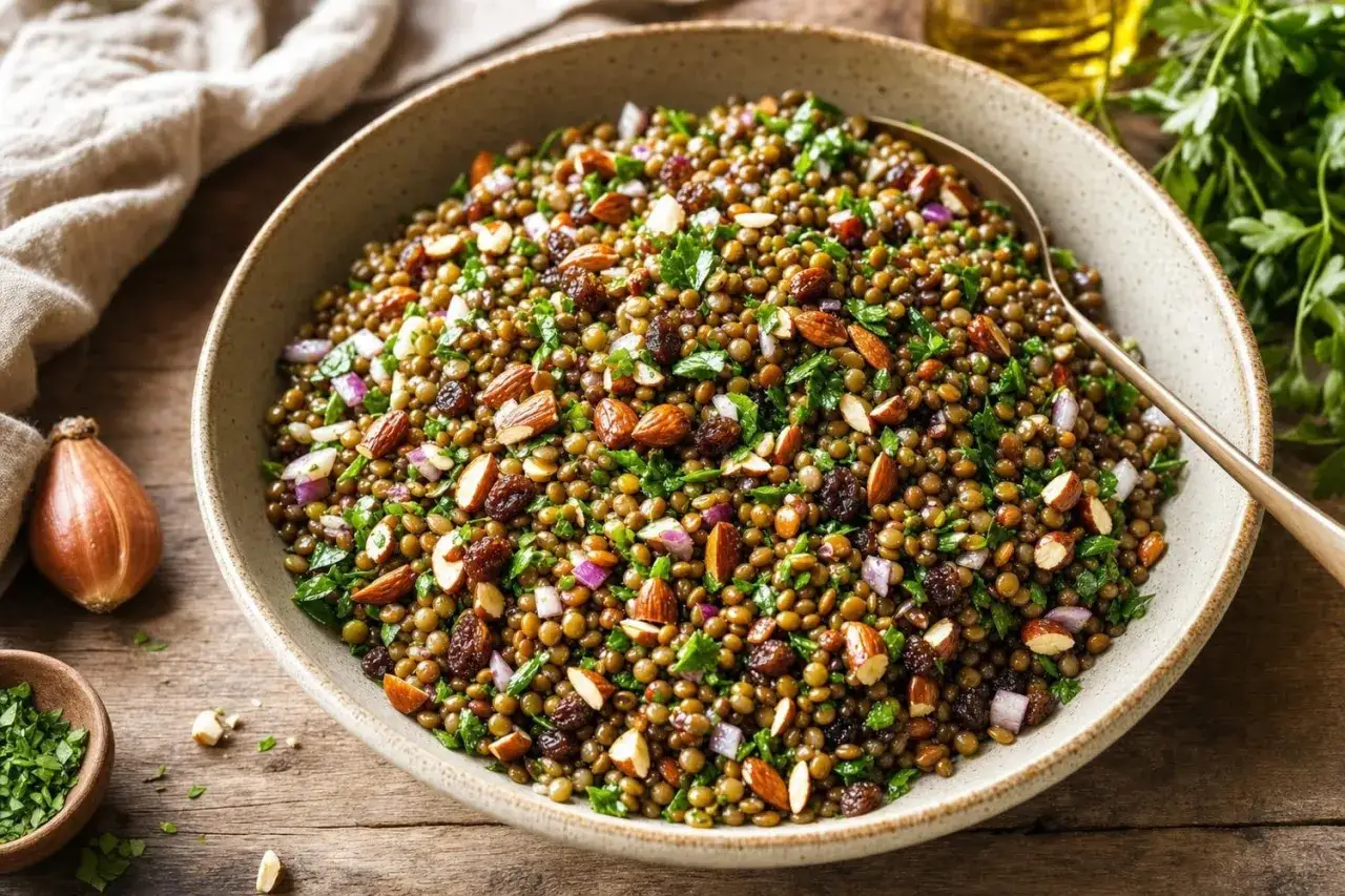 Salade de lentilles color&eacute;e avec amandes, raisins secs et persil frais. Un plat sain et savoureux.