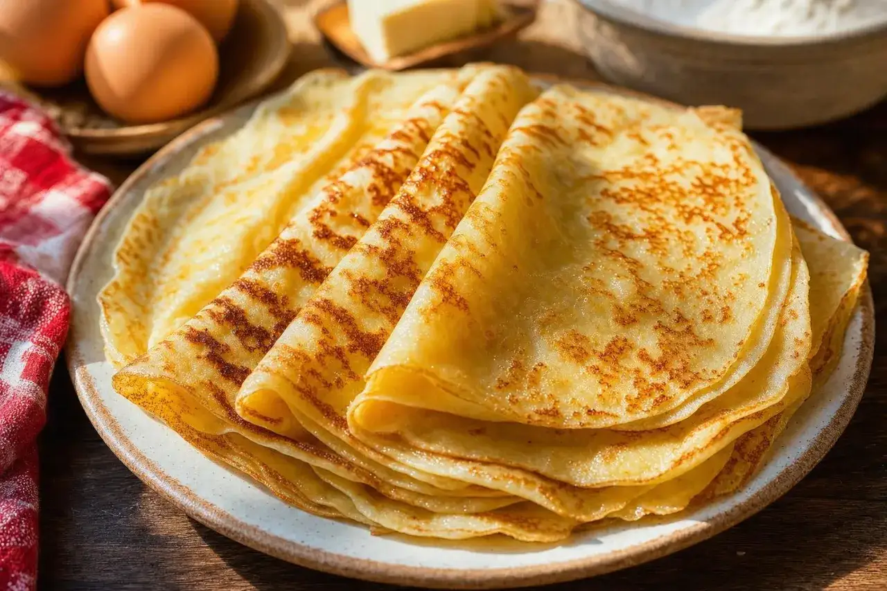 Pile de cr&ecirc;pes dor&eacute;es, certaines l&eacute;g&egrave;rement coll&eacute;es et se cassant, sur une assiette. Des &oelig;ufs et du beurre sont visibles en arri&egrave;re-plan.
