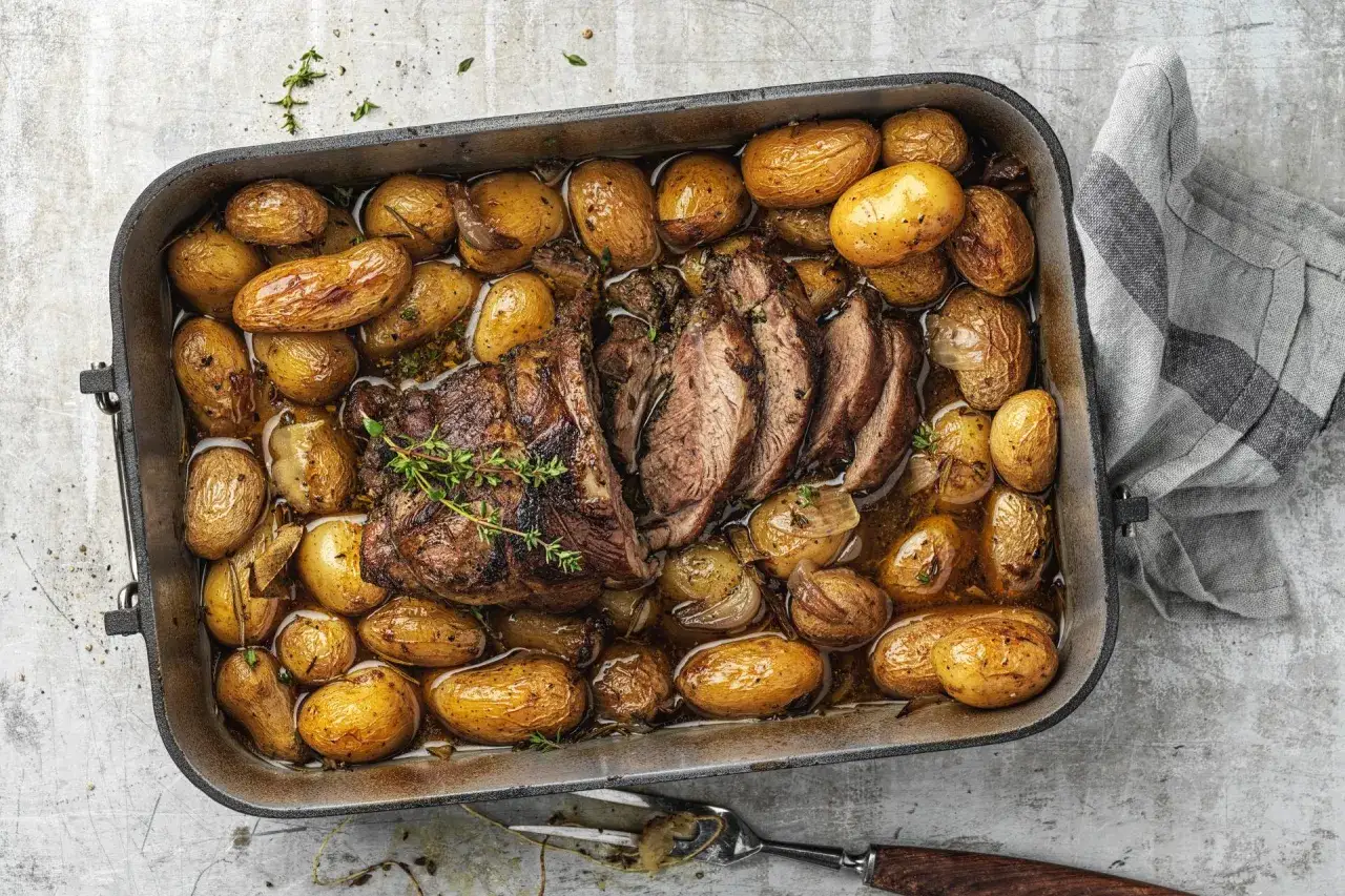 Une succulente épaule d'agneau rôtie avec des pommes de terre dorées et des herbes aromatiques dans un plat en fonte.