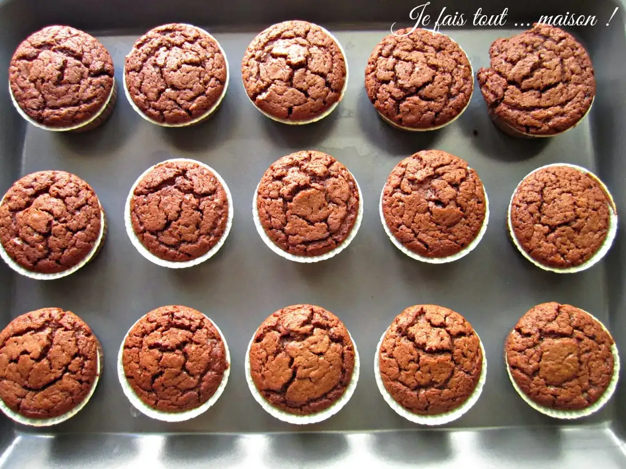 Douze muffins chocolat, tout juste sortis du four, attendent d'&ecirc;tre d&eacute;gust&eacute;s. Leur cro&ucirc;te craquel&eacute;e promet un c&oelig;ur fondant.