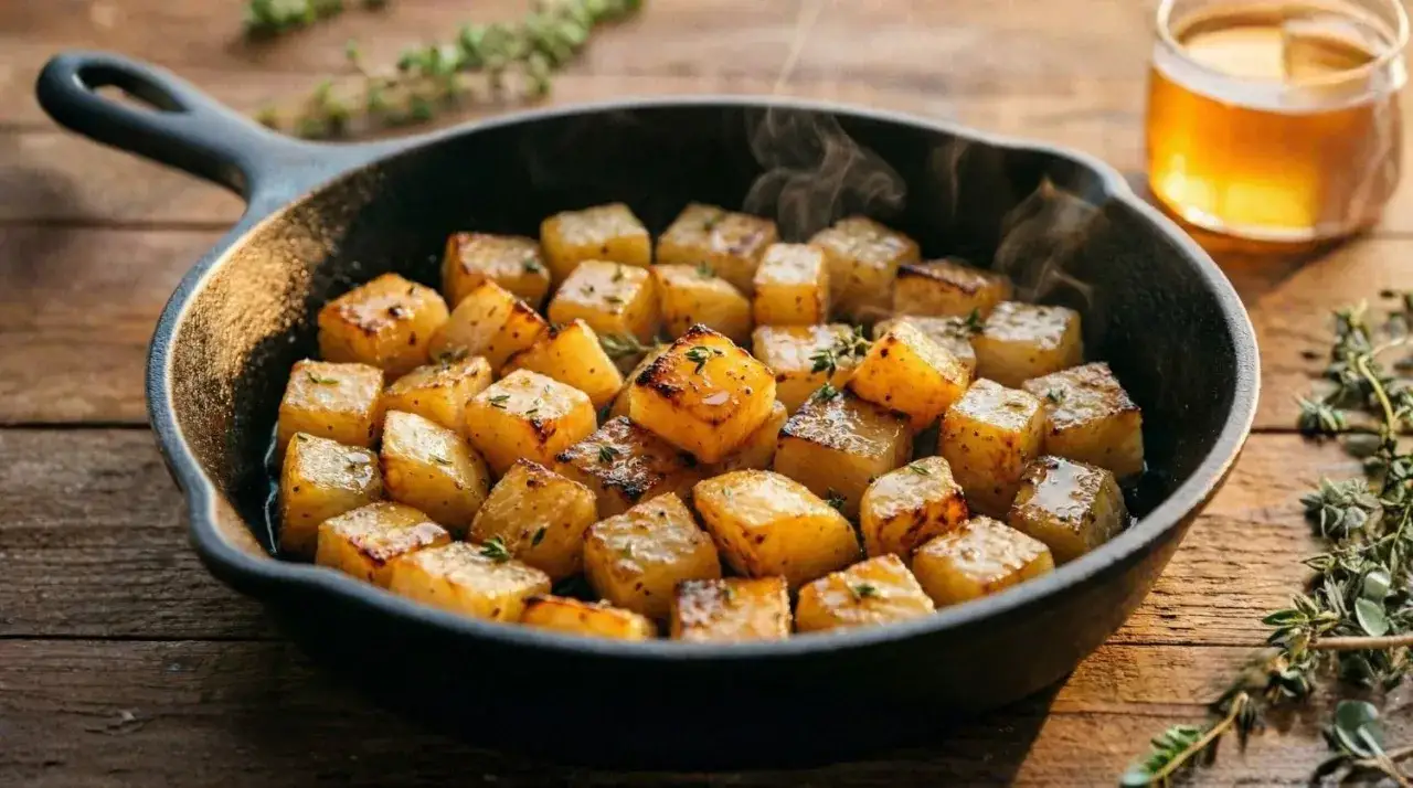 Navets rôtis à la poêle, dorés et fumants, parfaits pour une recette simple et savoureuse.