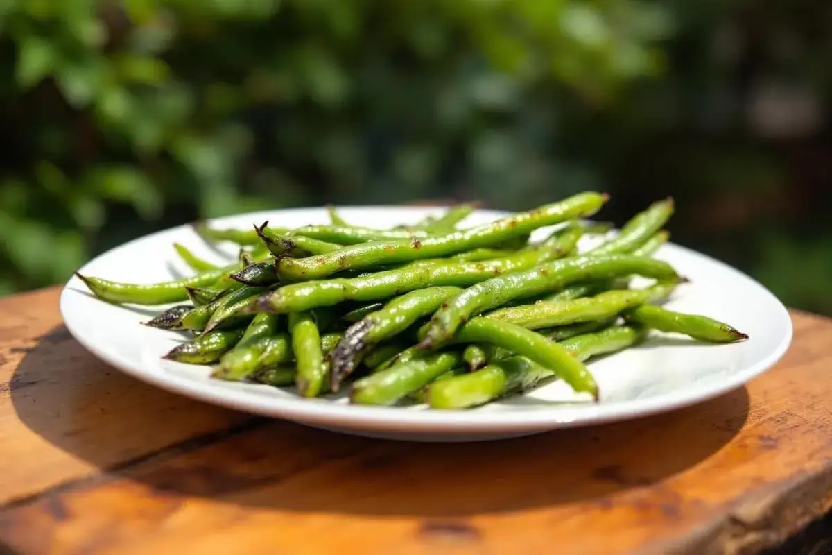 Une assiette de haricots verts grillés, une portion parfaite par personne pour un repas sain et savoureux en extérieur.