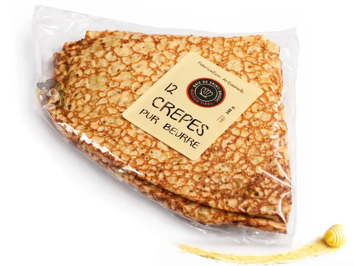 Douze crêpes pur beurre emballées, parfaites pour une recette facile type Marmiton. Un délice artisanal !