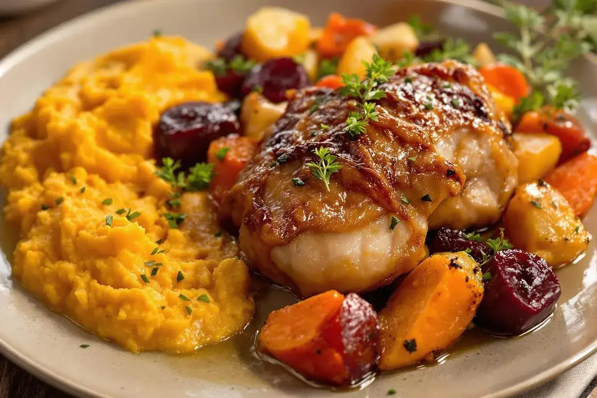 Délicieuse cuisse de canard confite, servie avec une purée de carottes et des légumes racines rôtis.