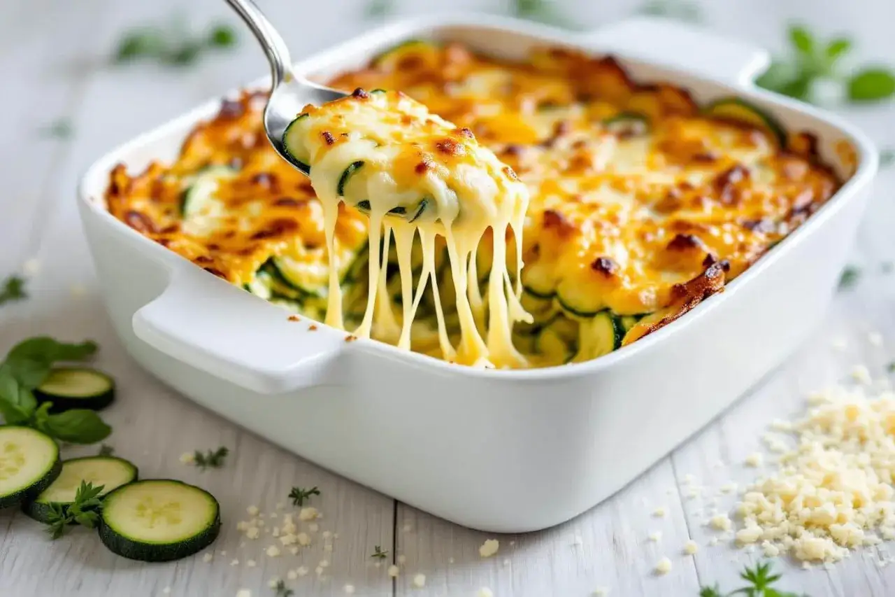 Une cuill&egrave;re soul&egrave;ve un gratin de courgettes fondant, filant de fromage dor&eacute;. Un d&eacute;lice &agrave; savourer !